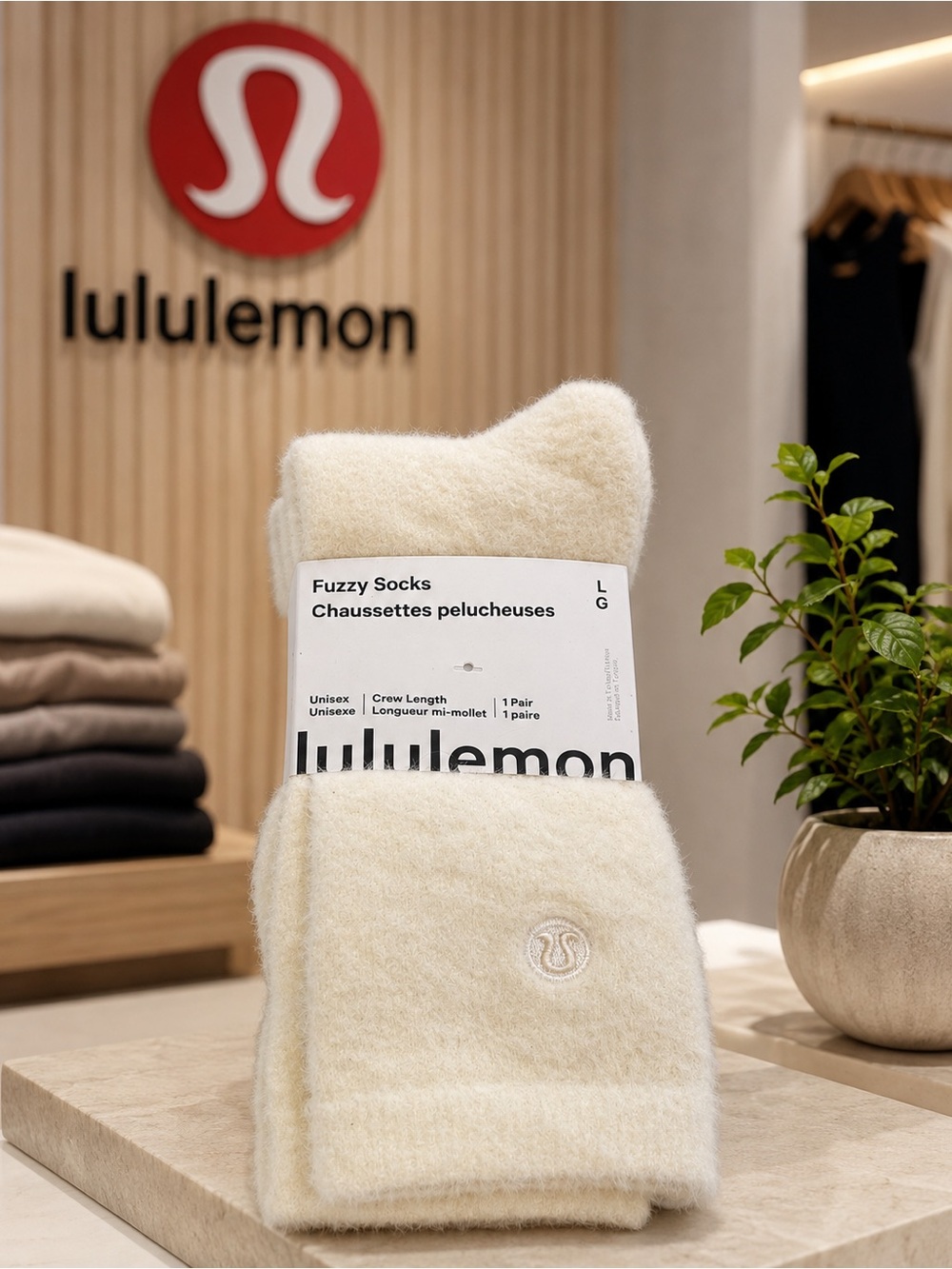 NWT Lululemon Fuzzy Crew Length Socks Ivory Size L